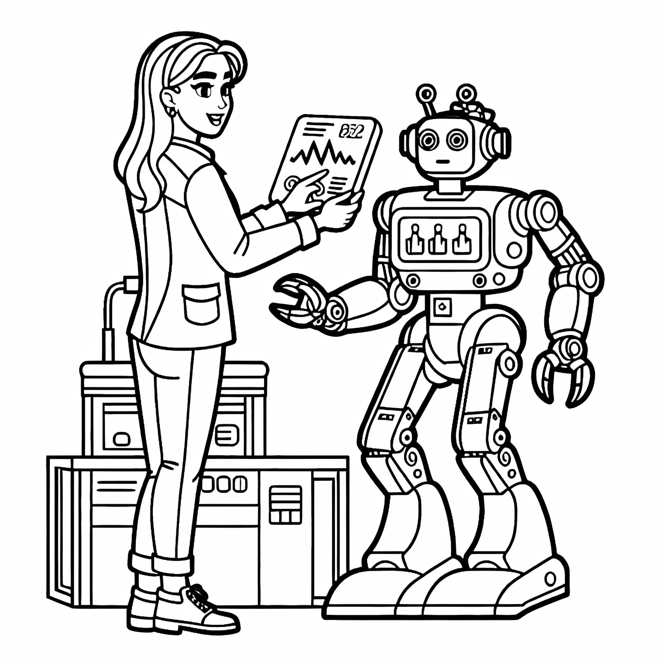 Roboterentwicklerin kontrolliert die Energieleistung des Roboters – Malvorlage gratis (Ausmalbild)