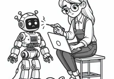 Roboterentwicklerin repariert defekten Roboter – Malvorlage gratis