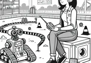 Roboterentwicklerin testet autonomen Roboter auf Teststrecke – Malvorlage gratis