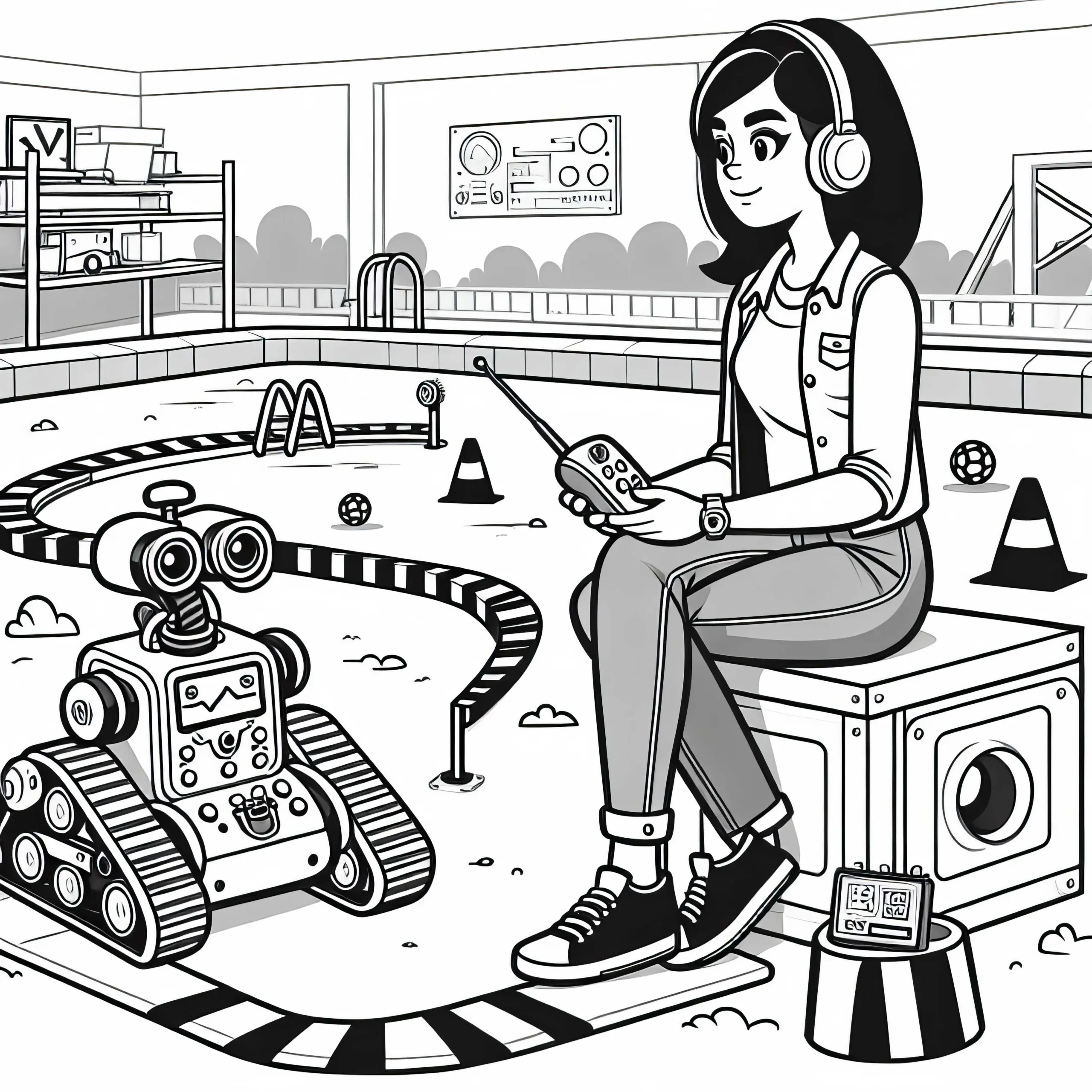 Roboterentwicklerin testet autonomen Roboter auf Teststrecke – Malvorlage gratis (Ausmalbild)