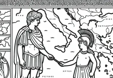 Römer vor Landkarte historischer Schlachten – Gratis Ausmalbild