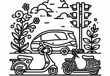 Roller, E-Bike, Auto an Ampel – Ausmalbild kostenlos