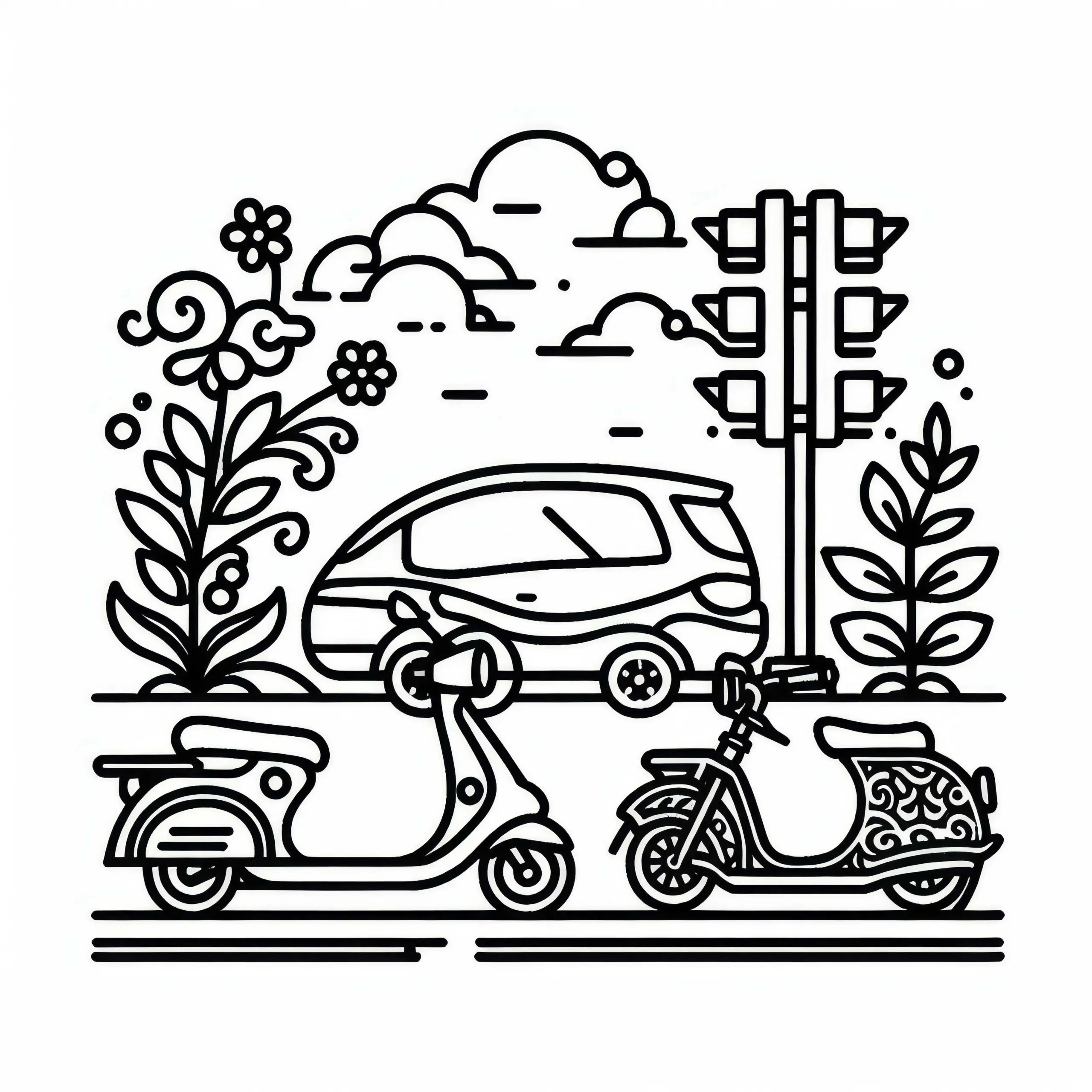 Roller, E-Bike, Auto an Ampel – Ausmalbild kostenlos