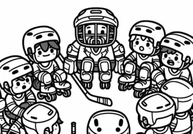 Rollhockey-Mannschaft versammelt sich in Besprechungspause – Ausmalbild kostenlos