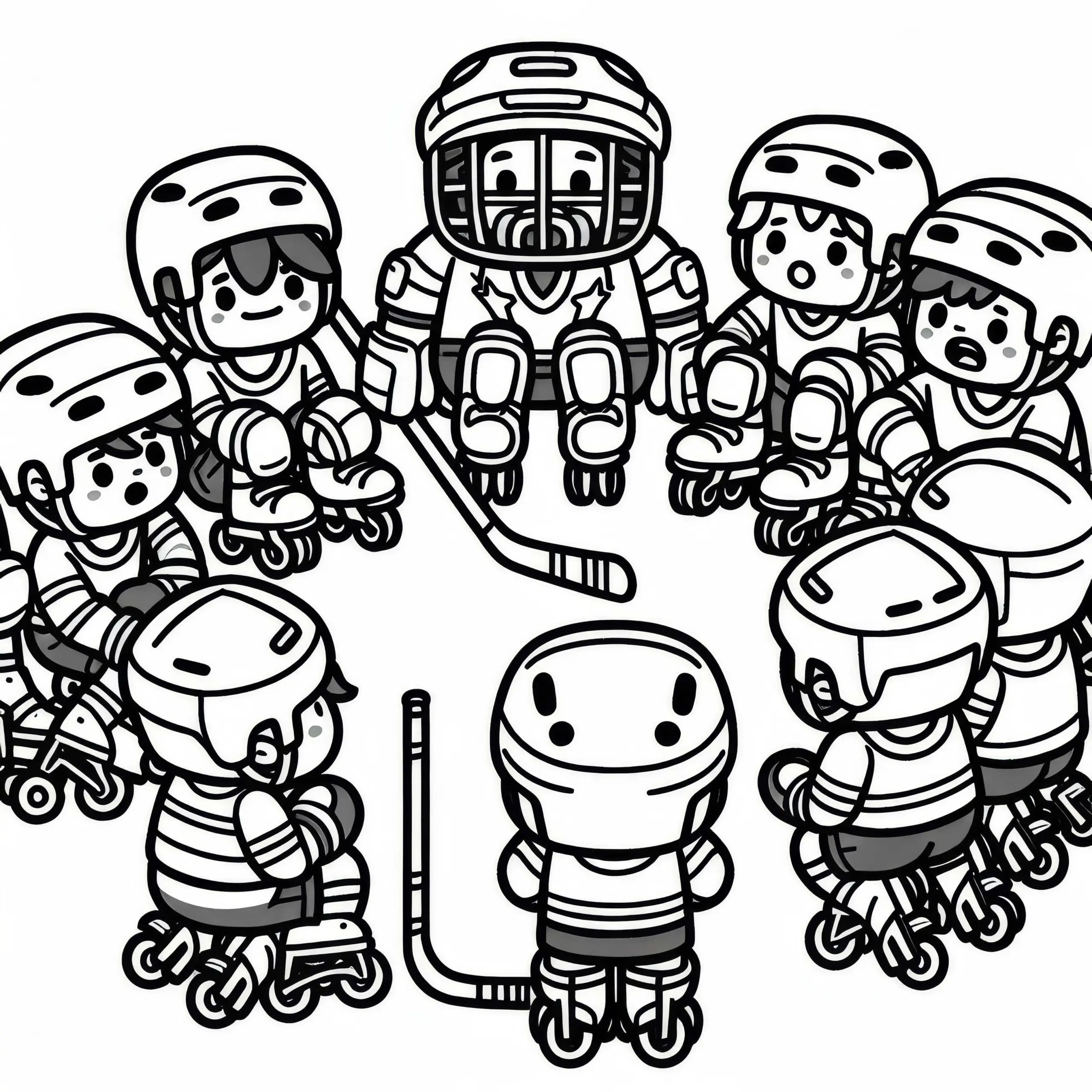 Rollhockey-Mannschaft versammelt sich in Besprechungspause – Ausmalbild kostenlos