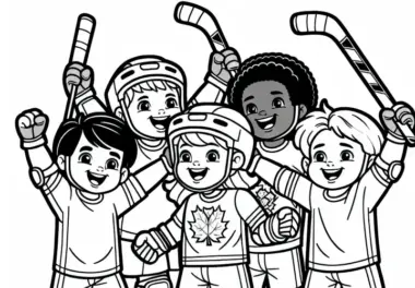 Rollhockey-Team jubelt nach Tor – Malvorlage einfach kostenlos