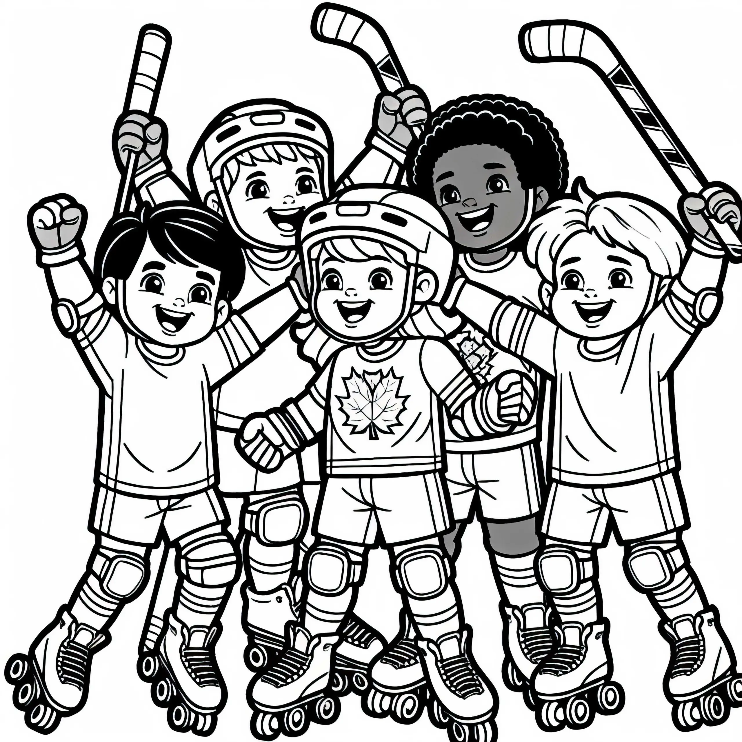 Rollhockey-Team jubelt nach Tor – Malvorlage einfach kostenlos (Ausmalbild)