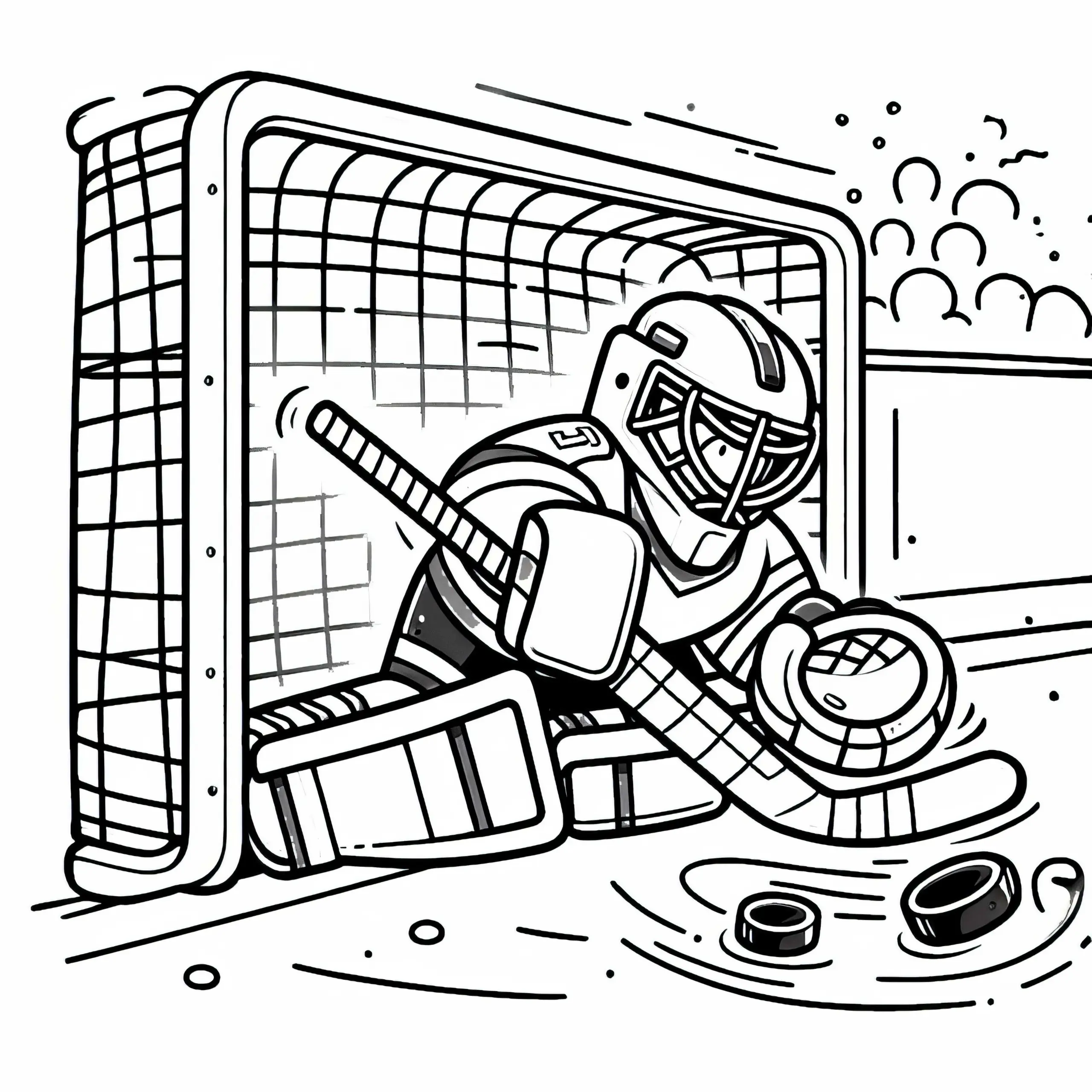 Rollhockey Torwart hält schnellen Schuss mit Schläger ab – Malvorlage kostenlos (Ausmalbild)