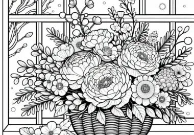 Romantischer Blumenstrauß auf Fensterbrett – Ausmalbild gratis