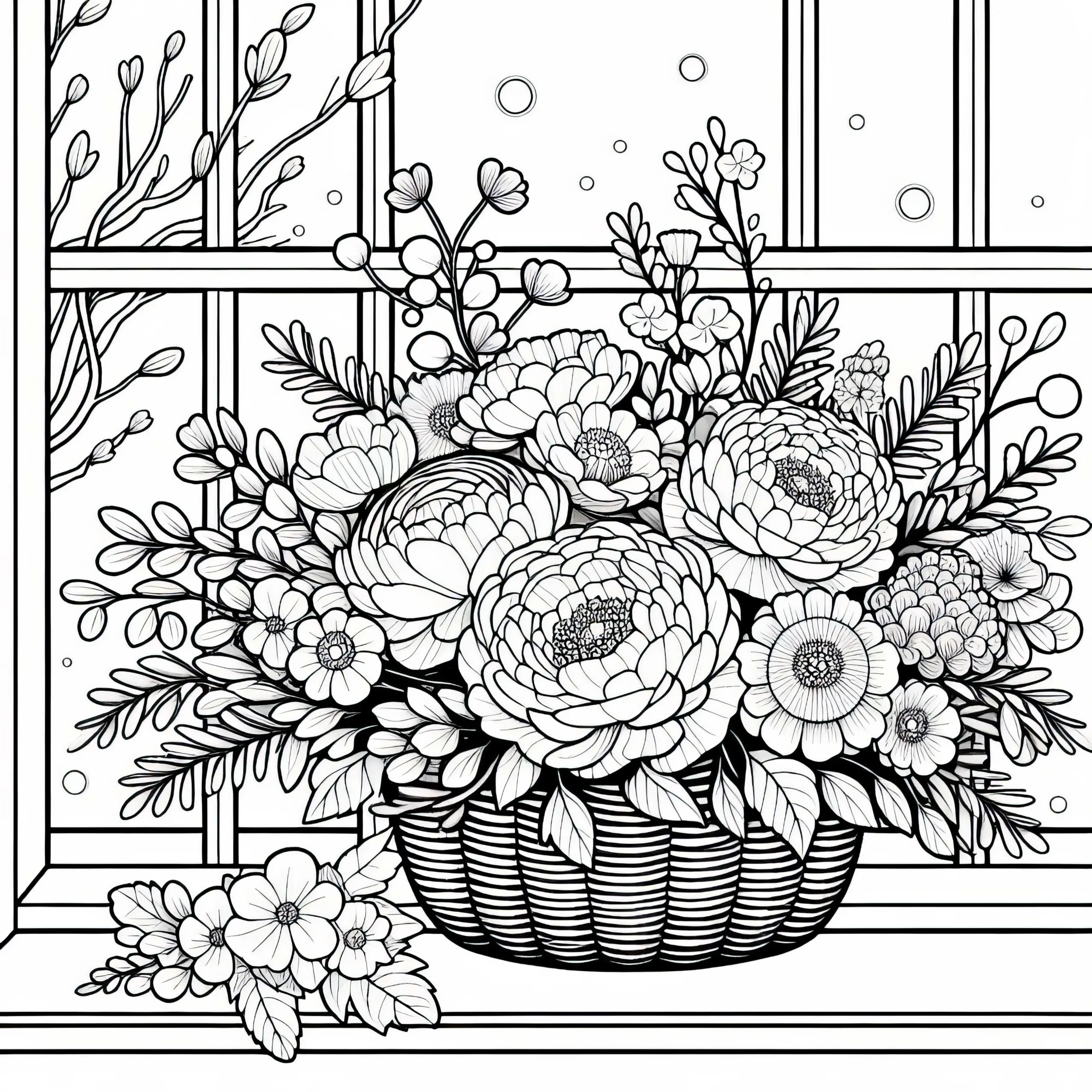 Romantischer Blumenstrauß auf Fensterbrett – Ausmalbild gratis