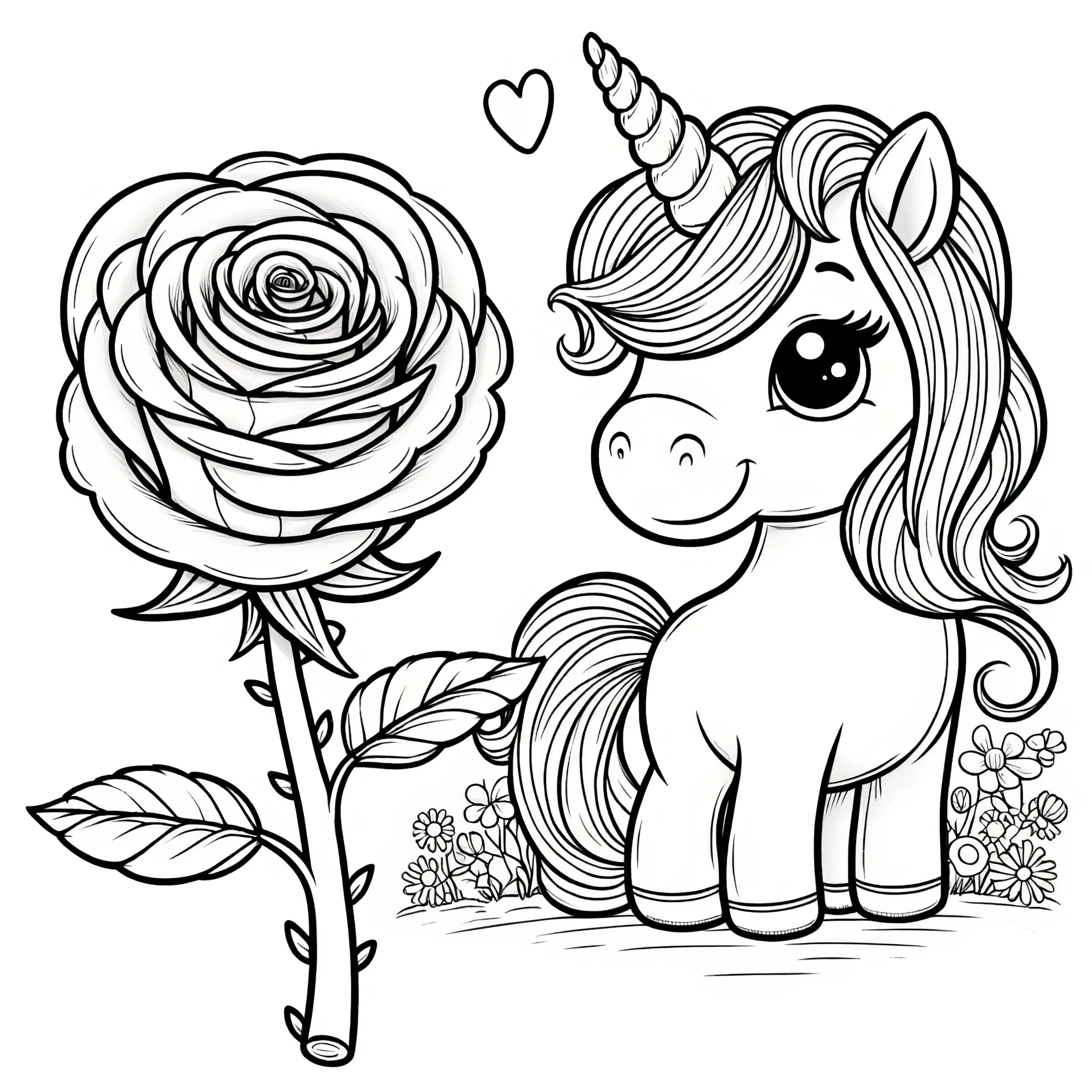 Rose und bezauberndes Einhorn als Malvorlage (Gratis) (Ausmalbild)
