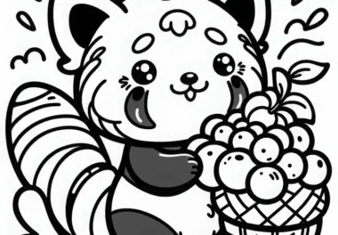 Roter Panda hält Frucht – Ausmalbild einfach und gratis
