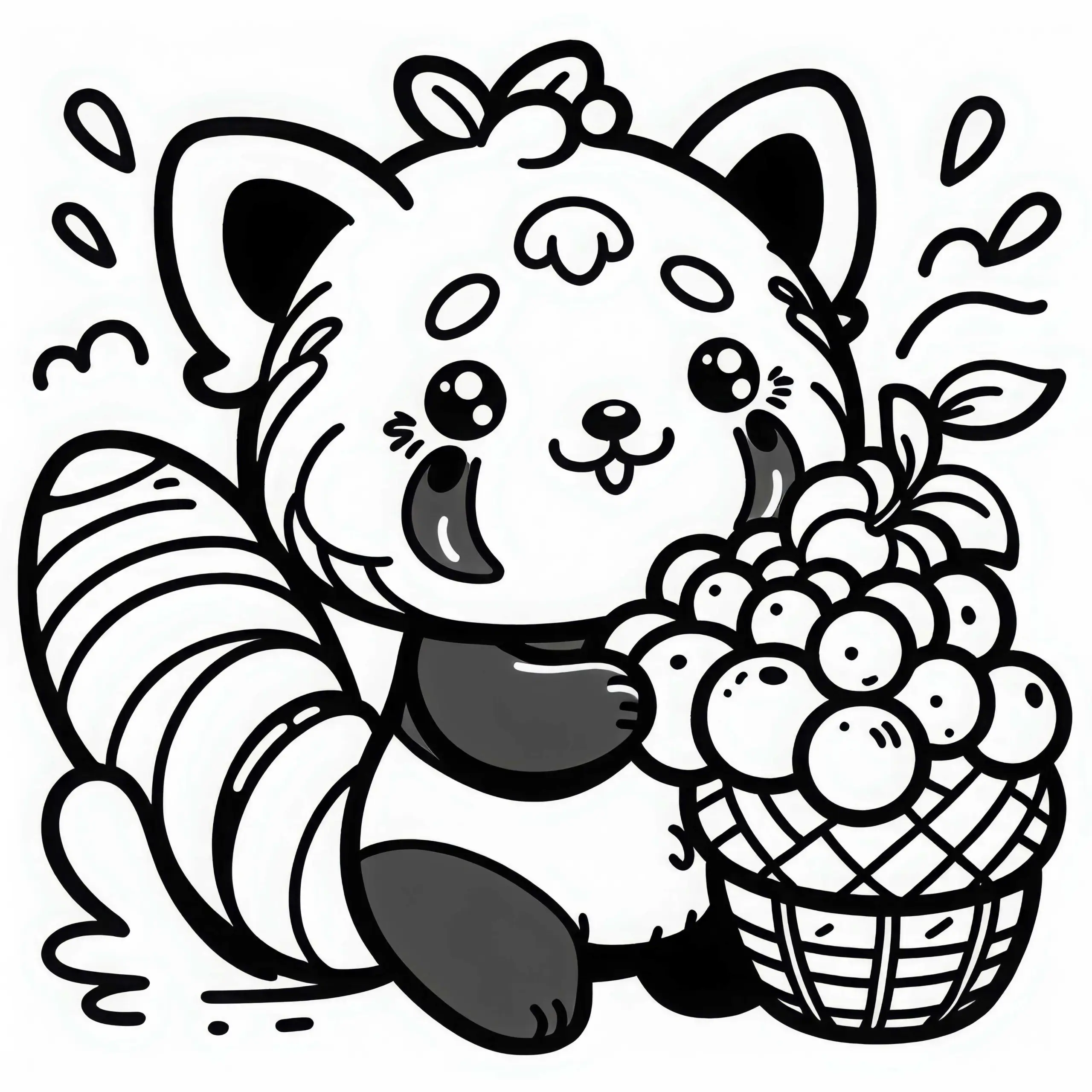 Roter Panda hält Frucht – Ausmalbild einfach und gratis