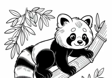 Roter Panda klettert am Bambus entlang – Ausmalbild für Kinder
