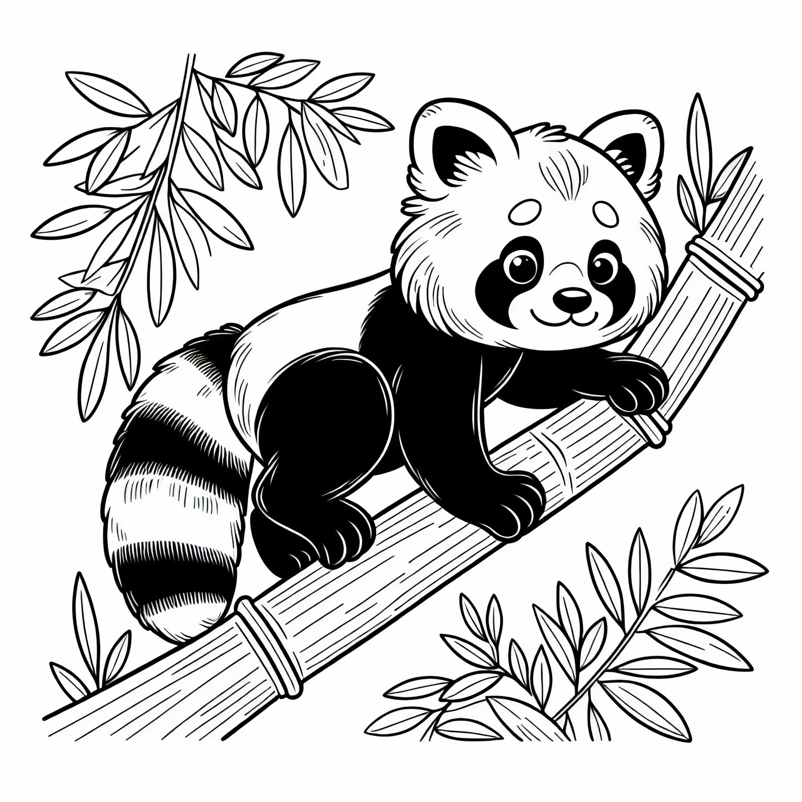 Roter Panda klettert am Bambus entlang – Ausmalbild für Kinder