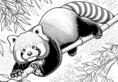 Roter Panda klettert geschickt am Bambuszweig entlang – Malvorlage detailreich und gratis