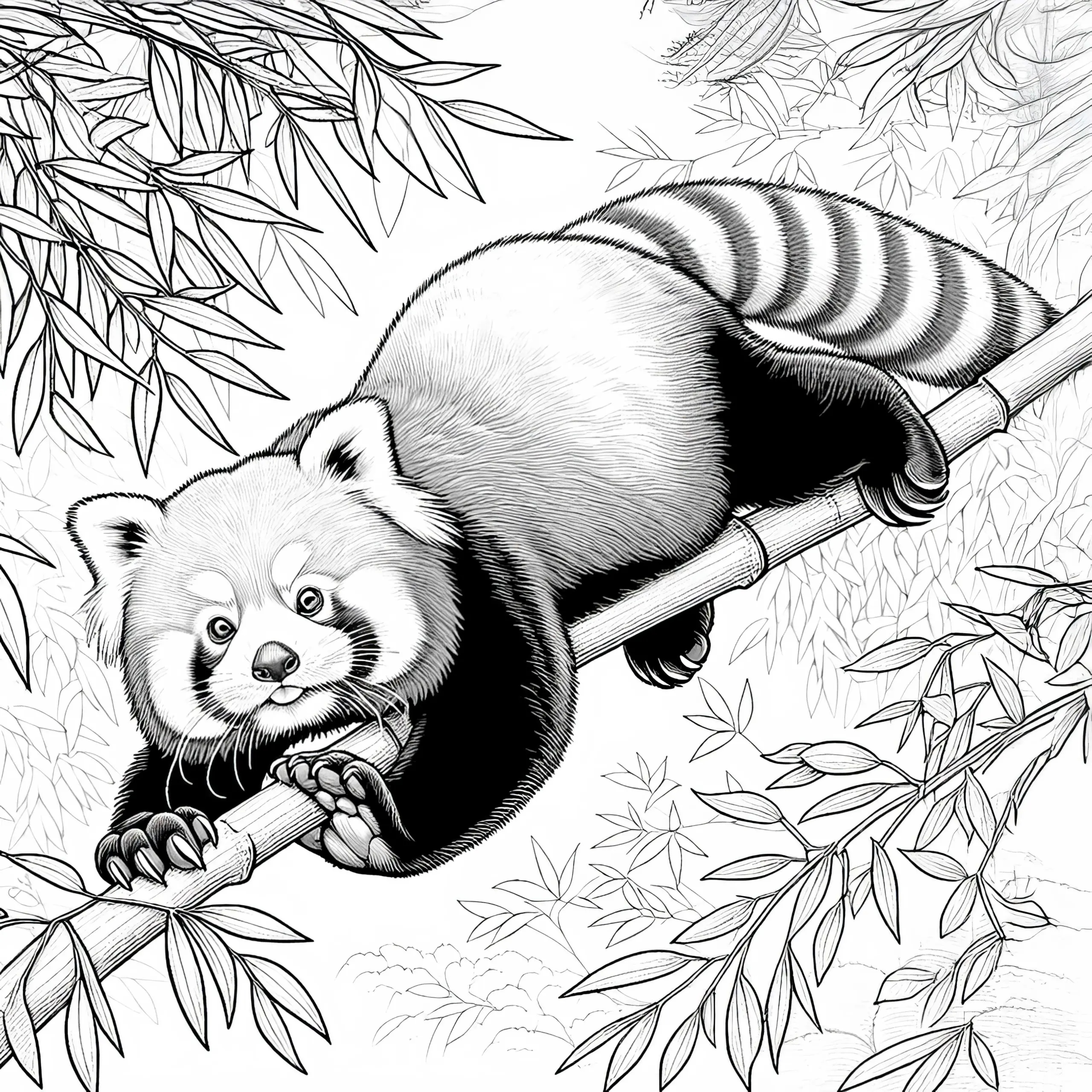 Roter Panda klettert geschickt am Bambuszweig entlang – Malvorlage detailreich und gratis (Ausmalbild)