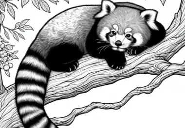 Roter Panda Liegt Entspannt Auf Baumast – Malvorlage Detailreich Kostenlos