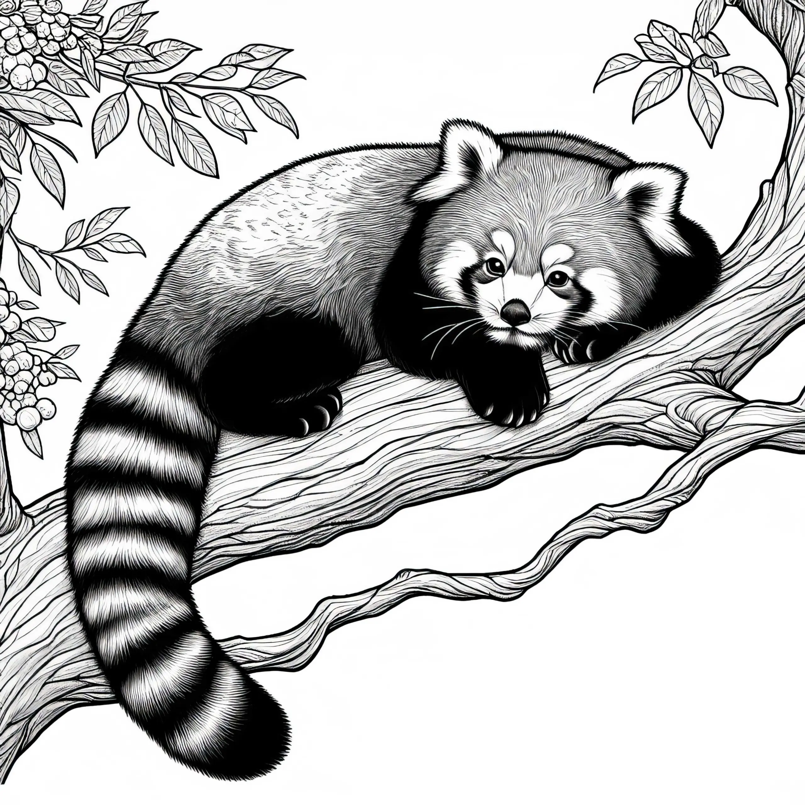Roter Panda Liegt Entspannt Auf Baumast – Malvorlage Detailreich Kostenlos (Ausmalbild)