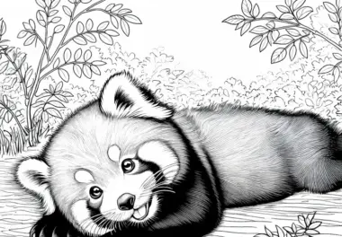 Roter Panda rollt sich verspielt auf dem Boden – Ausmalbild detailreich kostenlos