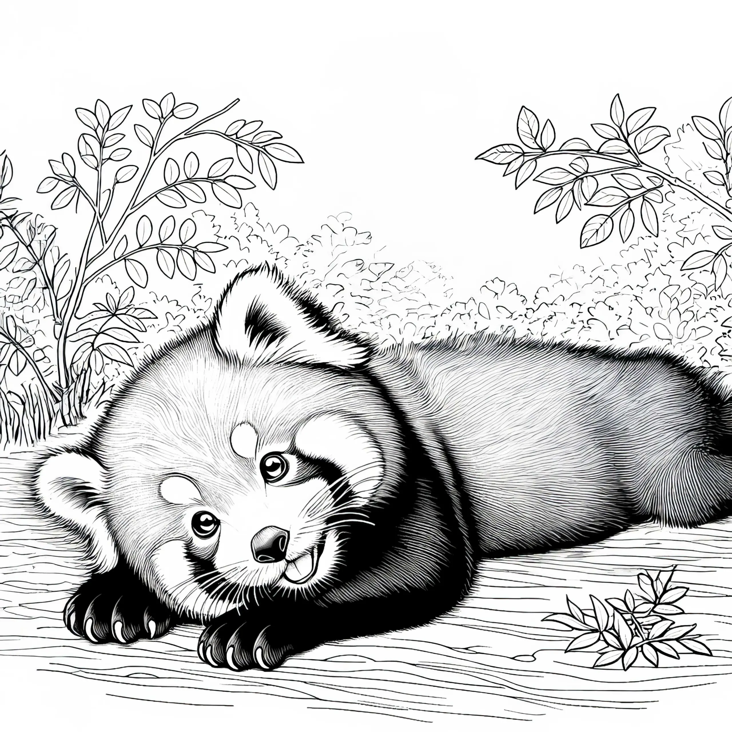 Roter Panda rollt sich verspielt auf dem Boden – Ausmalbild detailreich kostenlos