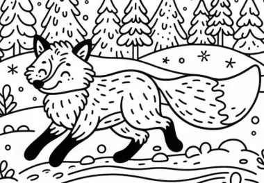 Rotfuchs läuft durch verschneite Landschaft – Ausmalbild kostenlos
