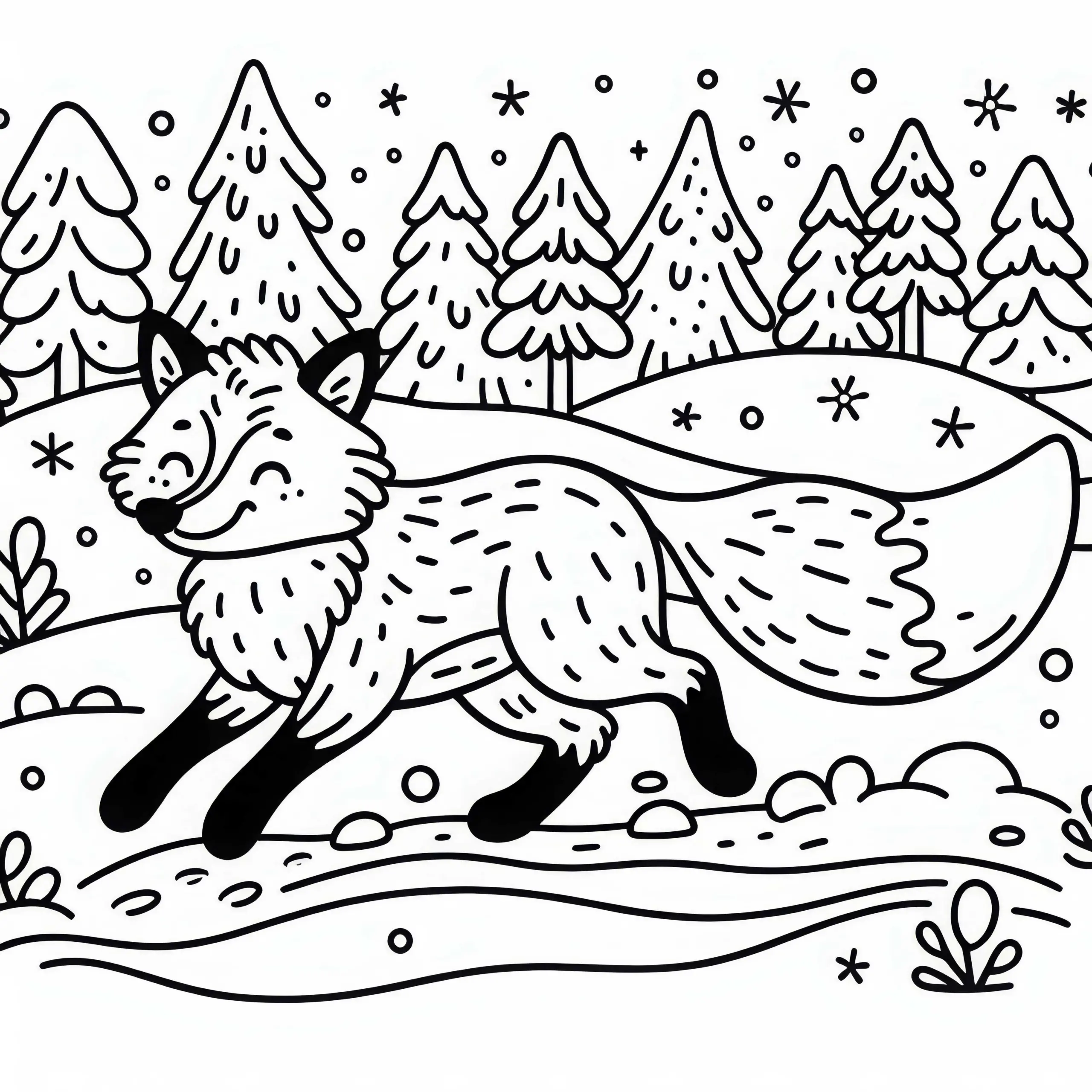 Rotfuchs läuft durch verschneite Landschaft – Ausmalbild kostenlos