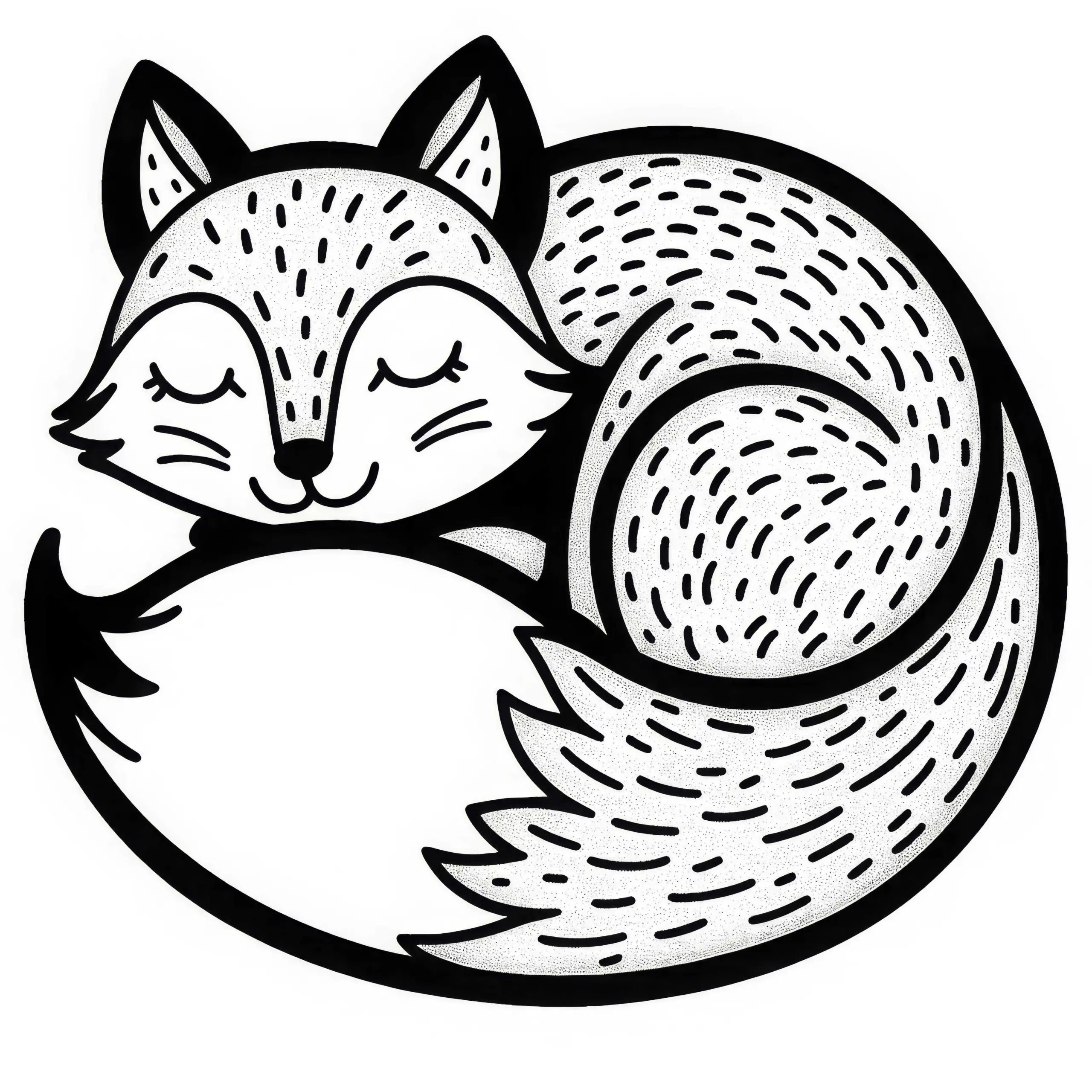 Rotfuchs liegt eingerollt und schläft – Malvorlage gratis (Ausmalbild)