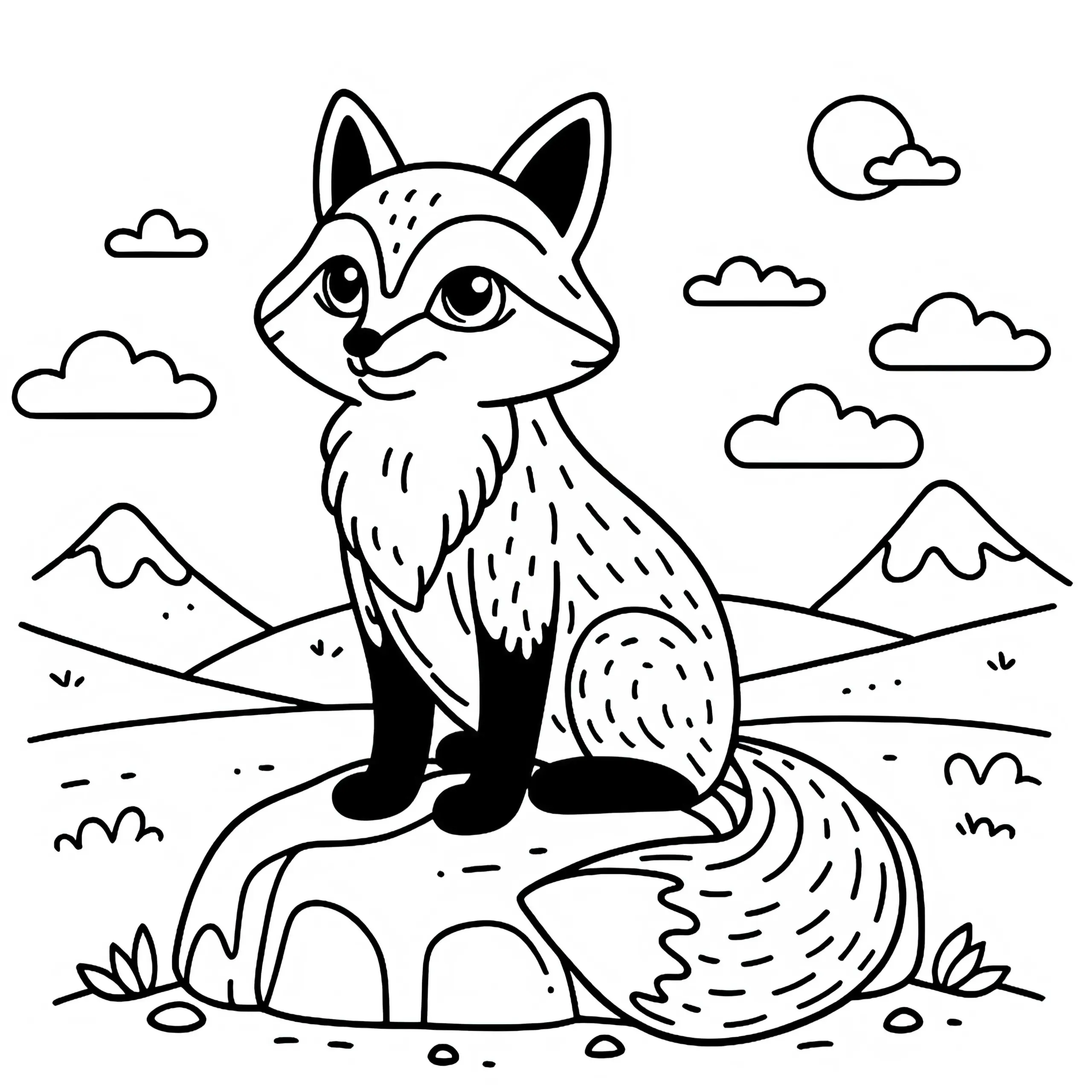 Rotfuchs sitzt aufmerksam auf Felsen und beobachtet die Umgebung – Malvorlage kostenlos (Ausmalbild)