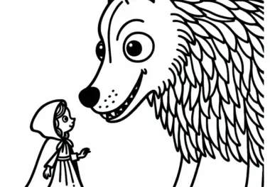 Rotkäppchen bemerkt die großen Augen, Ohren und Zähne des Wolfes – Malvorlage
