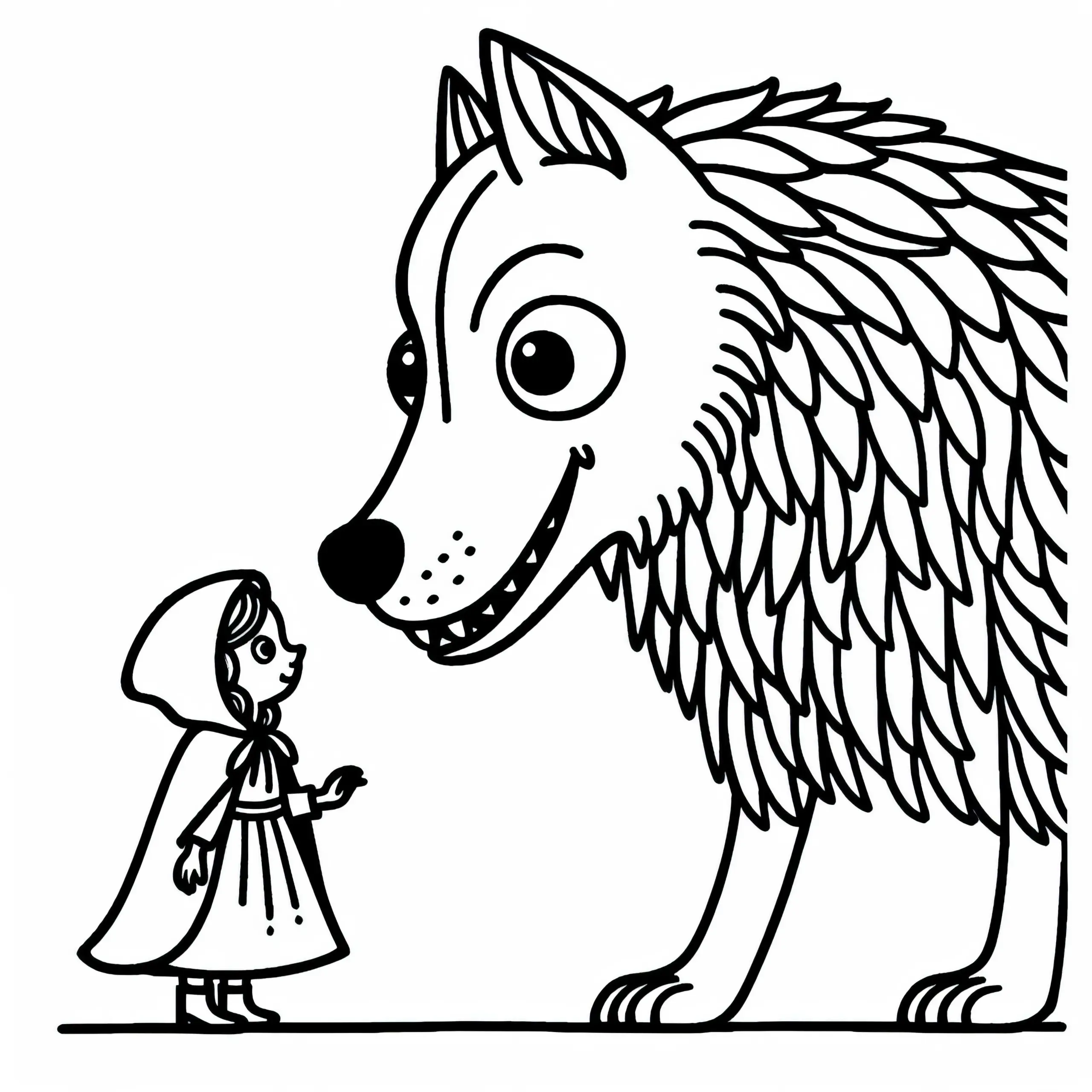 Rotkäppchen bemerkt die großen Augen, Ohren und Zähne des Wolfes – Malvorlage (Ausmalbild)