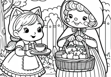 Rotkäppchen bringt Großmutter Essen und Tee – Ausmalbild für Märchenfreunde