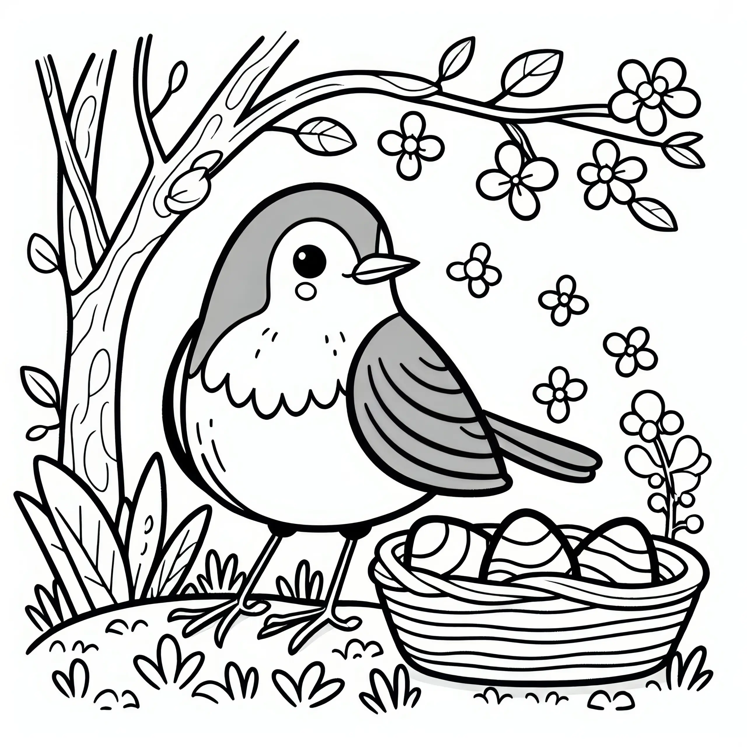 Rotkehlchen im Frühling: gratis Ausmalbild