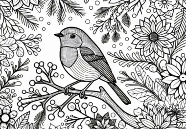 Rotkehlchen sitzt auf Ast mit Winterblumen – Malvorlage kostenlos