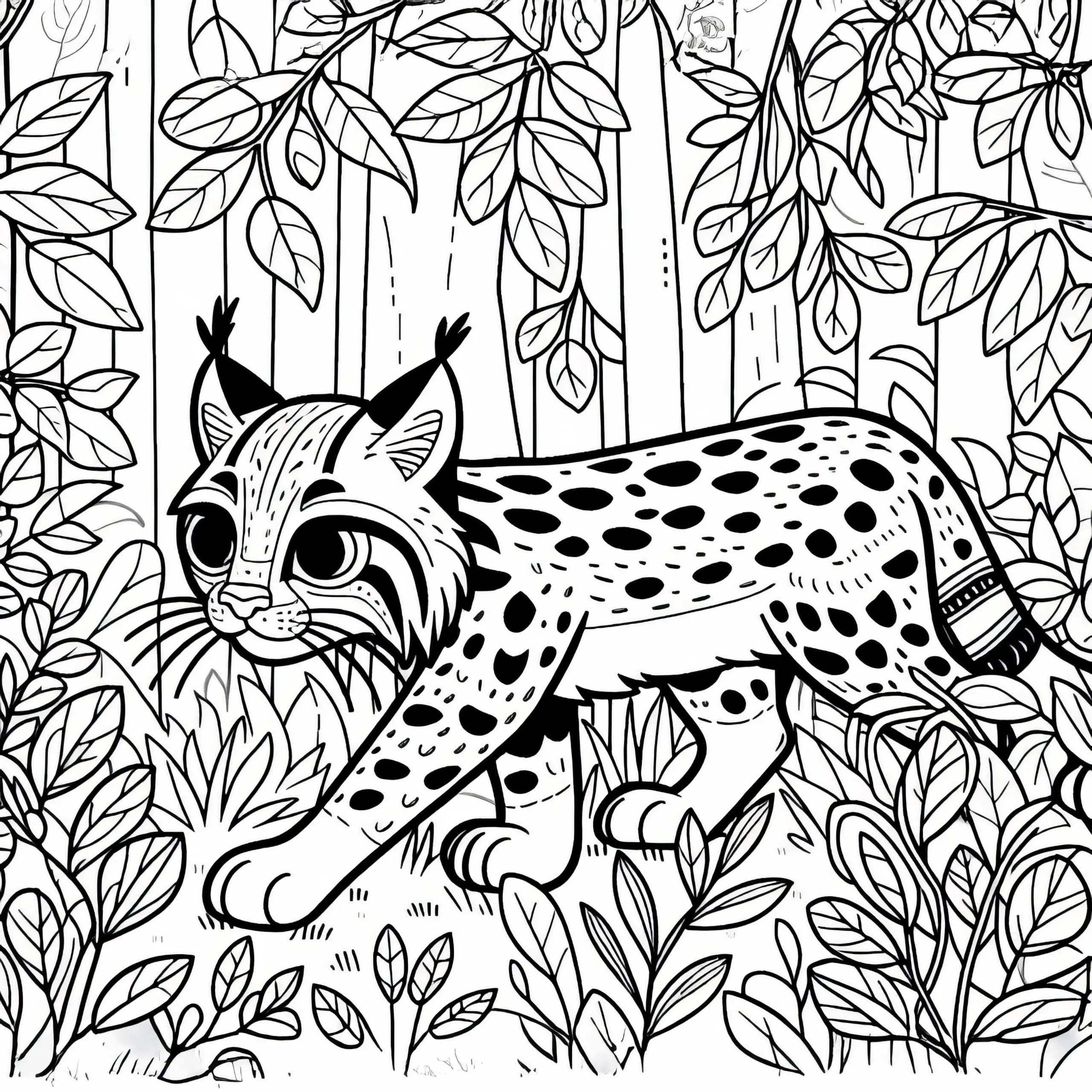 Rotluchs schleicht durch Unterholz – Ausmalbild einfach kostenlos