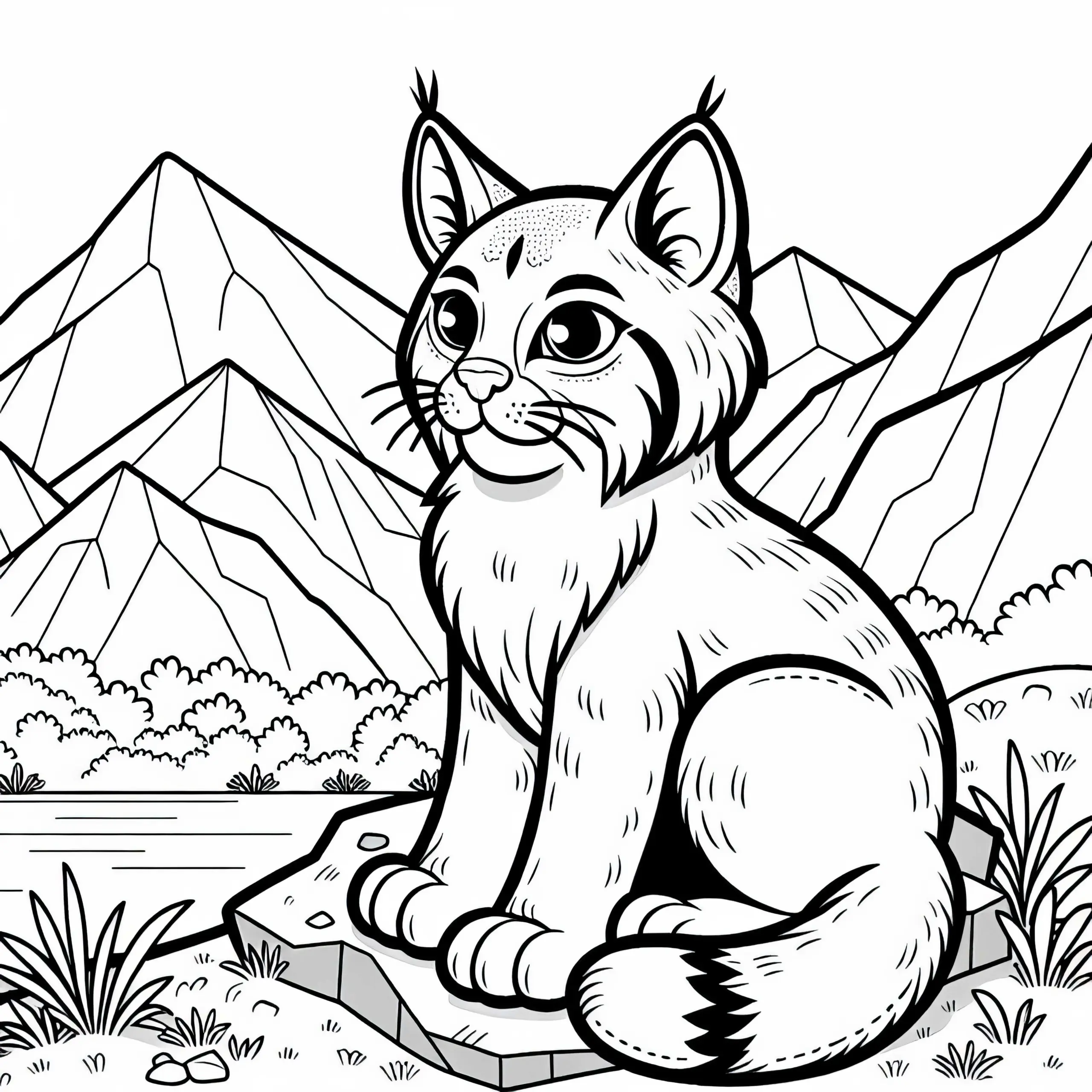 Rotluchs sitzt auf Felsen und beobachtet die Landschaft – Malvorlage gratis (Ausmalbild)