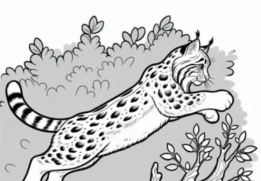 Rotluchs springt über Baumstamm – Ausmalbild gratis
