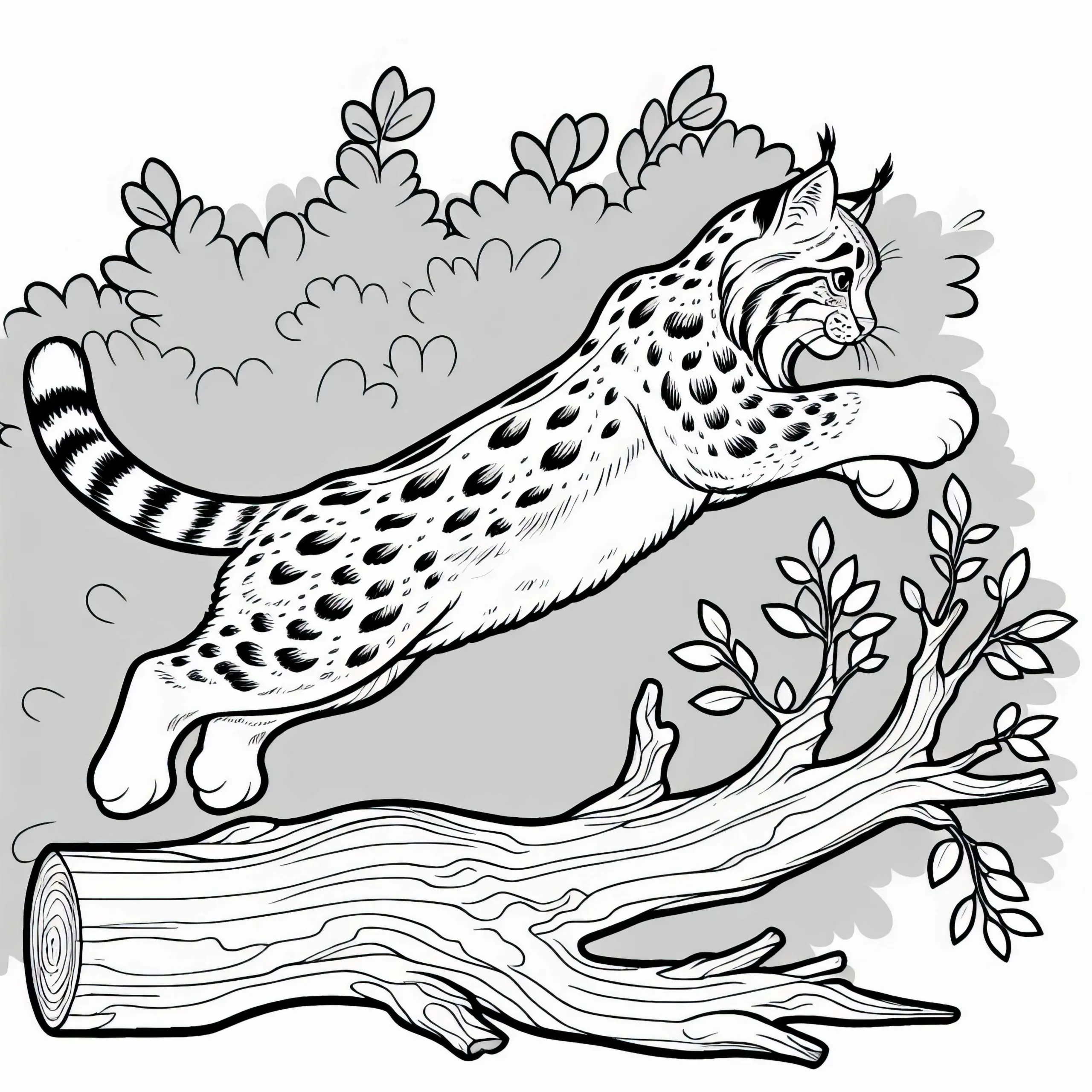 Rotluchs springt über Baumstamm – Ausmalbild gratis