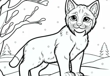 Rotluchs steht mit gespitzen Ohren im Schnee – Ausmalbild kostenlos