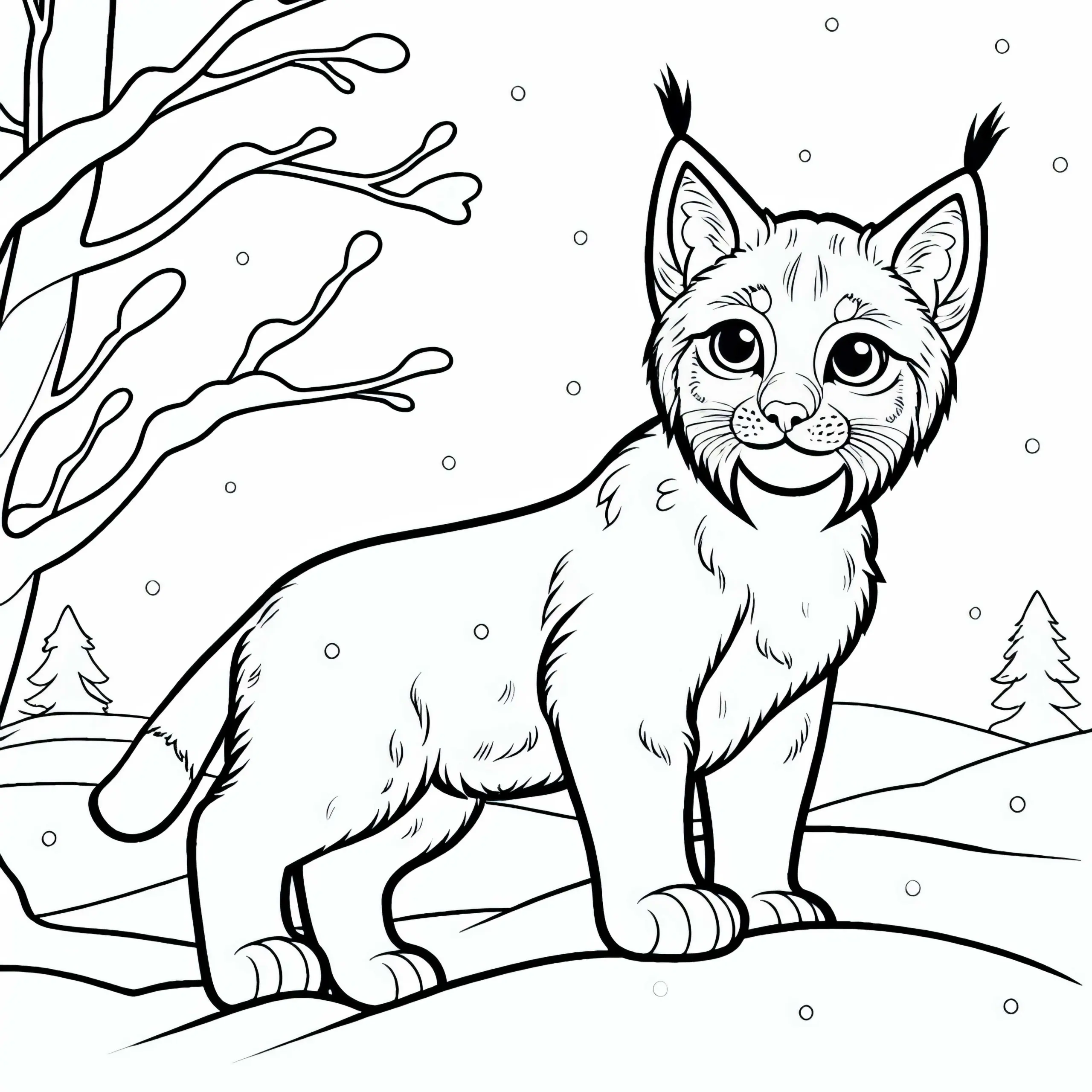 Rotluchs steht mit gespitzen Ohren im Schnee – Ausmalbild kostenlos