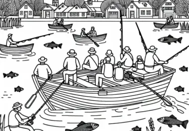 Ruderboot mit Menschen beim Angeln – Ausmalbild kostenlos