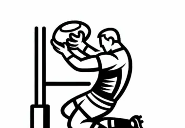 Rugby Spieler springt hoch, um Ball in einem Line-Out zu fangen – Ausmalbild kostenlos
