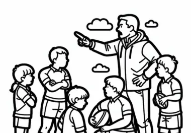 Rugby-Trainer gibt Mannschaft taktische Anweisungen – Ausmalbild gratis