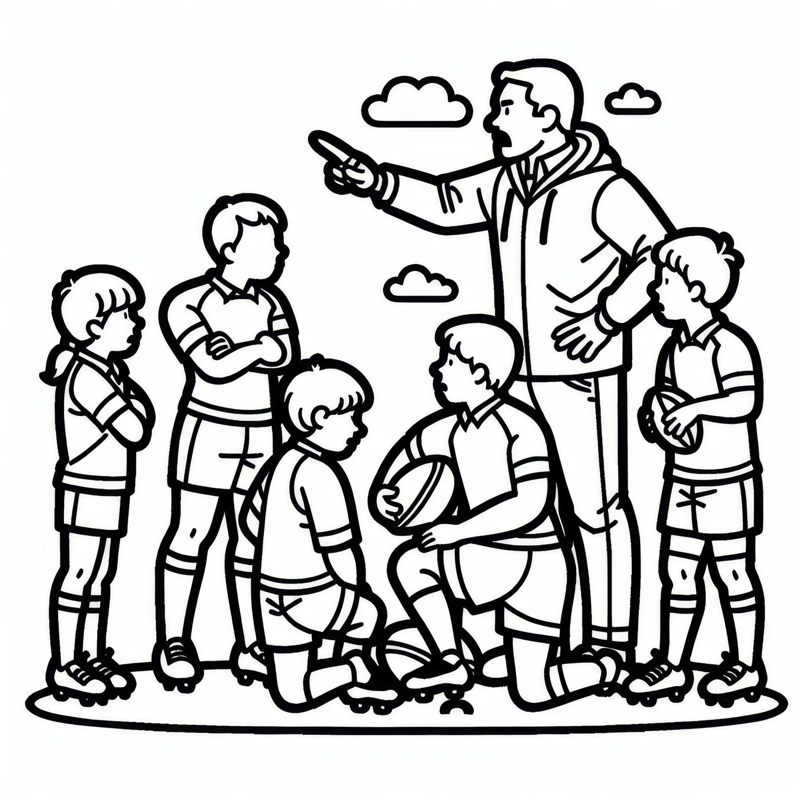 Rugby-Trainer gibt Mannschaft taktische Anweisungen – Ausmalbild gratis