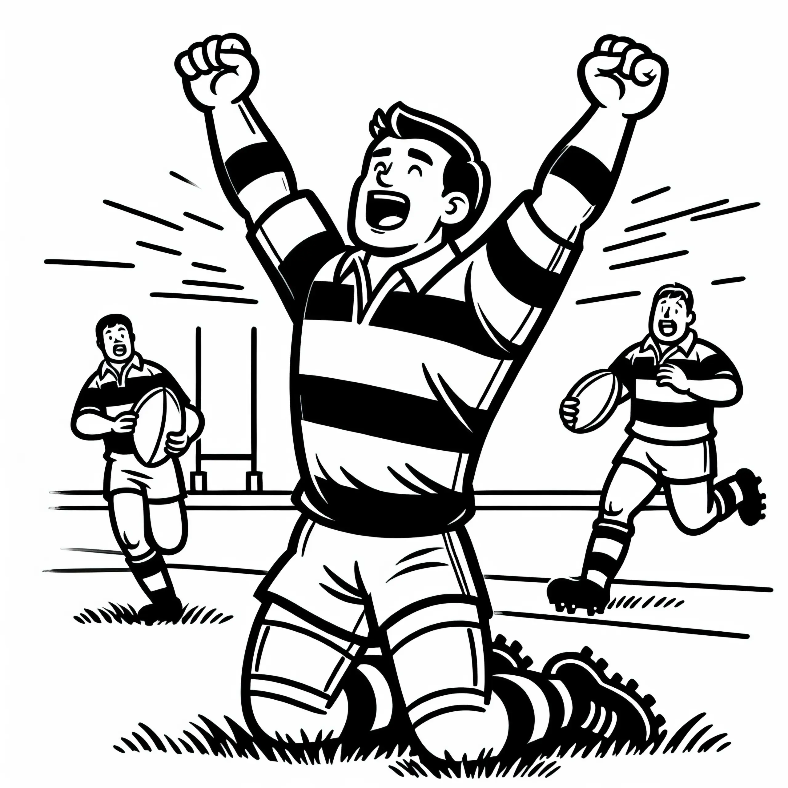 Rugbyspieler hebt jubelnd die Arme nach einem Try (Ausmalbild)