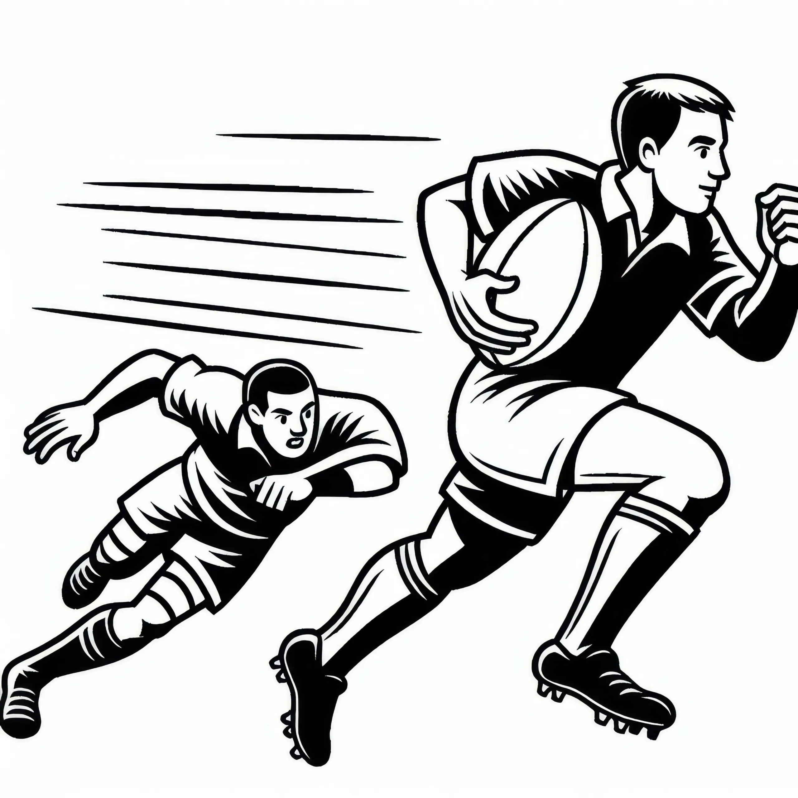 Rugbyspieler rennt mit Ball und wird von Gegner verfolgt – Ausmalbild gratis