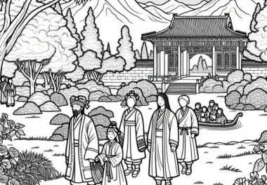 Ruhige Gartenanlage mit Menschen beim Spazierengehen – Malvorlage Altes China Kostenlos
