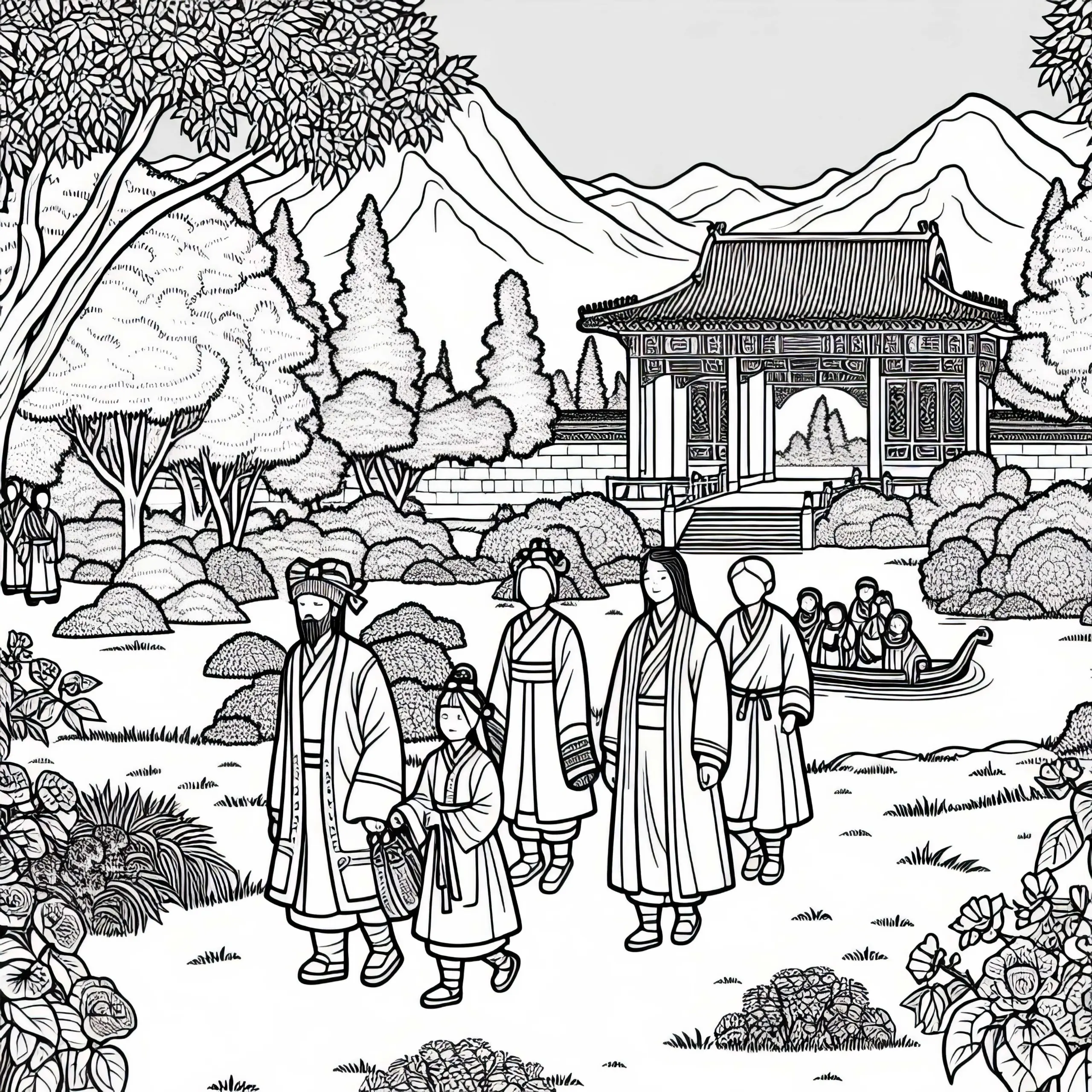 Ruhige Gartenanlage mit Menschen beim Spazierengehen – Malvorlage Altes China Kostenlos (Ausmalbild)