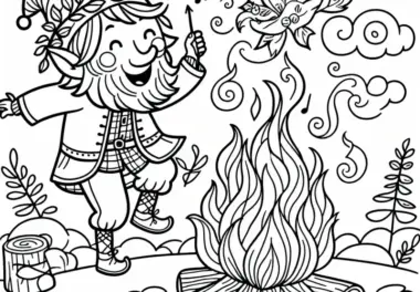 Rumpelstilzchen tanzt um Feuer – Malvorlage Märchen gratis