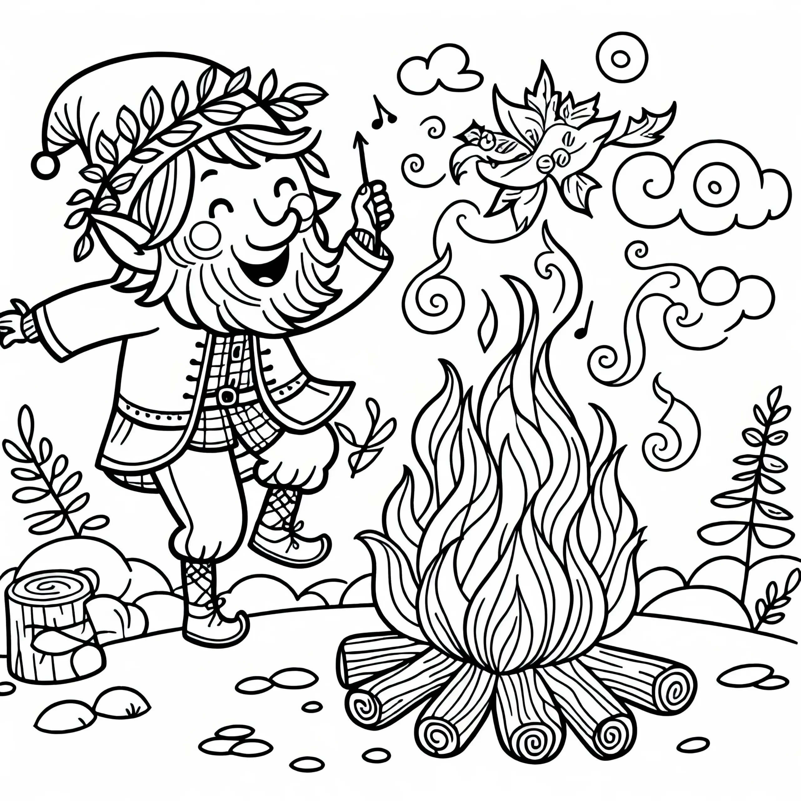 Rumpelstilzchen tanzt um Feuer – Malvorlage Märchen gratis (Ausmalbild)